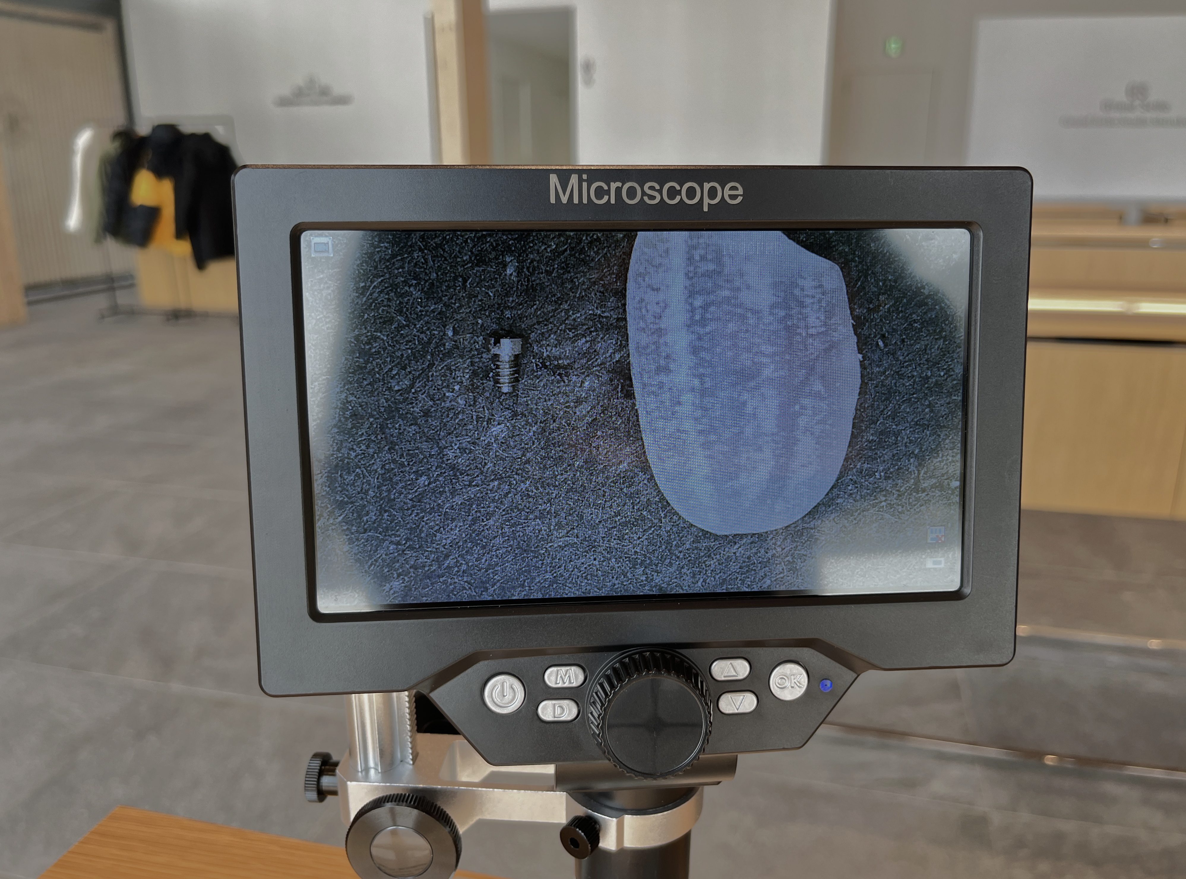 Screw used to make a watch movement, next to a grain of rice